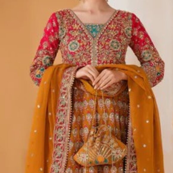 3 Piece Red Chiffon Kurta Pant Salwar Kameez EID Indian Pakistan Wedding - Picture 1 of 3